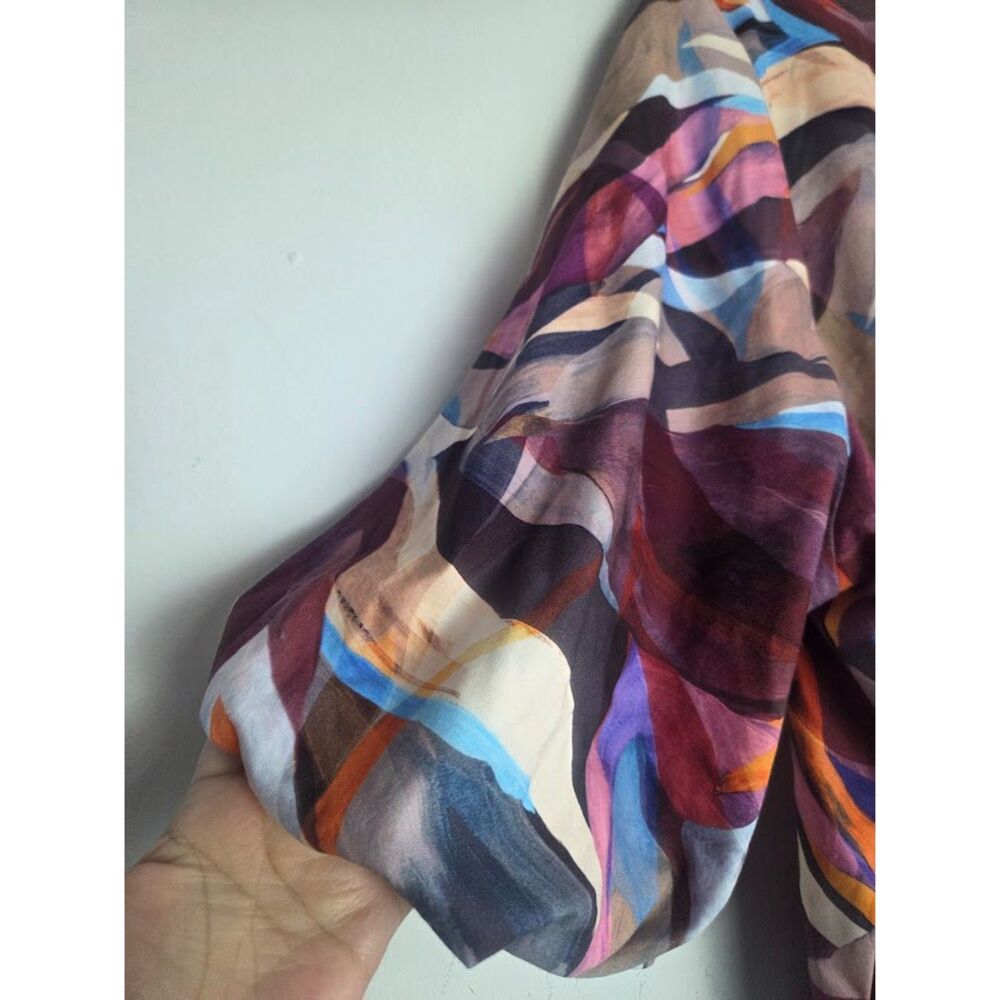 Chico's Blue Purple Cream Abstract Print 100% Cotton Bubble Hem Blouse  4/US XXL - Picture 2 of 5